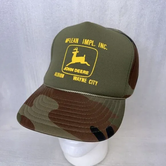 John Deere Vintage Trucker Hat Cap Insulated Foam McLean Implement Inc Camo NWOT - Picture 1 of 10